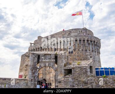 Dinan, France - August 26, 2019: Ducal tower of the Medieval Chateau de Dinan or Castle of Dinan in French Brittany Stock Photo