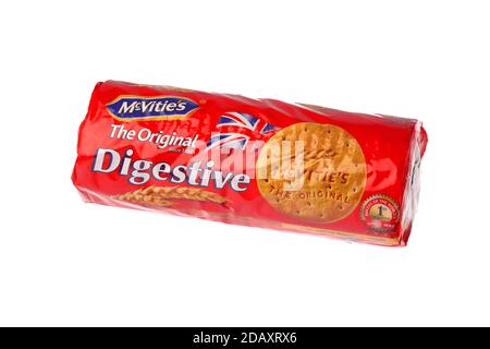 Stockholm, Sweden - November 15, 2020: One package of McVities Digestive biscuits isolated on white background. Stock Photo