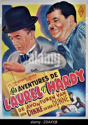 Belgian Movie Poster for STAN LAUREL and OLIVER HARDY in LES AVENTURES DE LAUREL ET HARDY Compilation Film circa 1946 including image from their Oscar Winning Comedy Short THE MUSIC BOX 1932 Hal Roach Studios / Les Exploitants Réunis Stock Photo