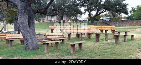 Cowboy Church in the park with wooden benches. Stock Photo