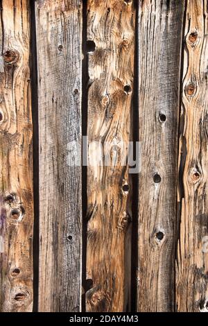 rustic weathered wood background with knots, nails, and heavy prominent grain. Stock Photo