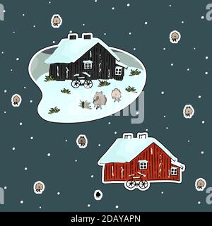 Wooden red, black hand drawn scandinavian houses with bikes, sheep, snow in winter Stock Vector