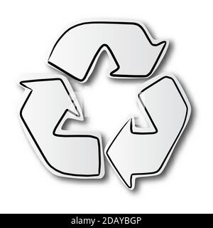 black line hand drawn of recycle sign on cut paper with shadow isolated on white background Stock Vector
