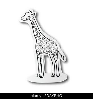 black line hand drawn of giraffe on cut paper with shadow isolated on white background Stock Vector
