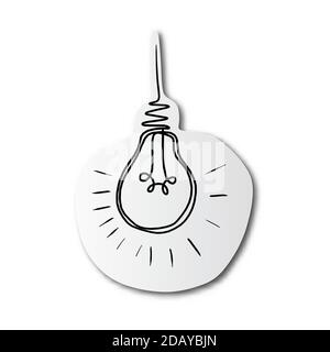 black line hand drawn of light bulb with rays on cut paper with shadow isolated on white background Stock Vector