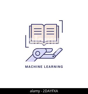 Icon logo robotics and machine learning in the form of a robot hand and a book colored in a linear flat style. EPS 10. Stock Vector