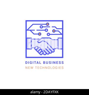 A linear logo for digital business and collaboration in the form of hand-wringing with the printed circuit and the digital business inscription new Stock Vector