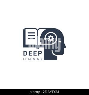 Vector image of deep learning can be both digital and modern methods of learning in the form of an isolated flat icon of a persons head with a book Stock Vector