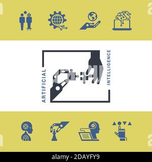 A collection of flat robotic icons and artificial intelligence isolated in the background. EPS 10. Stock Vector
