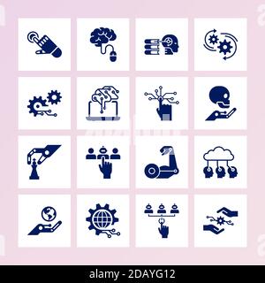 A large set of 16 icons on the theme of robotics and machine learning and cyber security in a flat style isolated in the background. EPS 10. Stock Vector