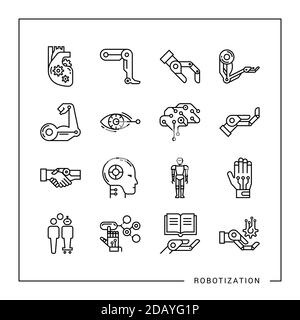 A large collection of linear vector icons isolated on a white background on the theme of robotics, machine learning, robots and artificial Stock Vector