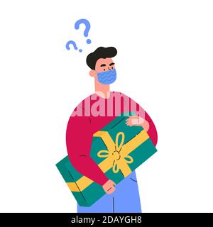 Young man in doubt thinks about present Stock Vector