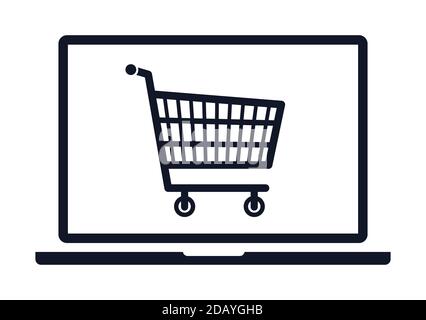 Laptop computer with shopping cart on display icon. Online shopping vector illustration symbol. Stock Vector