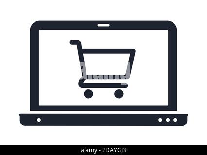 Laptop computer icon with shopping cart on screen. Online shopping vector illustration symbol. Stock Vector