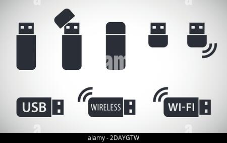 Different USB stick vector icons and wireless wi-fi sticks connection symbols Stock Vector