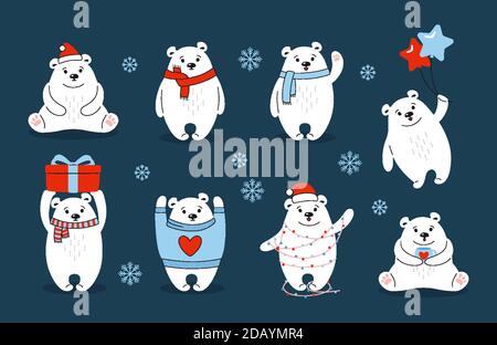 Christmas polar bear cartoon set. Hand drawn doodle cute vector bears with red hat, gift, balls or garland. New Year animal mammals in different poses. Funny animals winter celebrate dark background Stock Vector