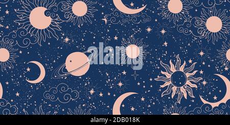 Seamless blue space pattern with sun, crescent and stars on a blue background. Mystical ornament of the night sky for wallpaper, fabric, astrology, fortune telling. Vector illustration Stock Vector