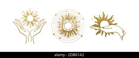 Set of mystical logos with the sun. The hand holds the sun. Set of vector drawings for boho dihain, astrology, horoscope. Black doodle illustration isolated on white background Stock Vector