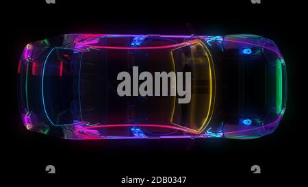 Glass car with neon lighting. The edges of the car are highlighted ...