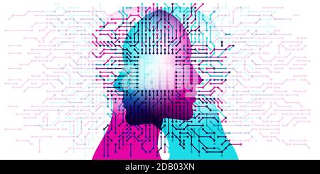 A face to face positioned male & female silhouette overlaid with circuit board, computer, electronic and white CPU grid details. Stock Vector