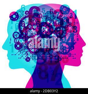 A Male and Female side silhouette profile overlaid with various semi-transparent machine gears & cogs, numerals and circuit board shapes. Stock Vector