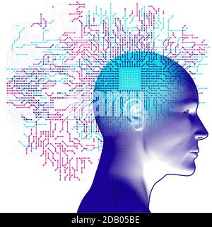 An adult side silhouette overlaid with a white CPU detail and semi-transparent circuit board pattern details. Stock Vector