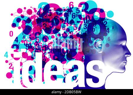 An adult side profile overlaid with various semi-transparent magenta & cyan shapes objects and details. The word “Ideas” is placed across the bottom. Stock Vector