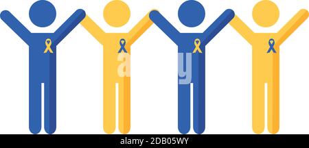 people figures with down syndrome campaign ribbons flat style icon vector illustration design Stock Vector