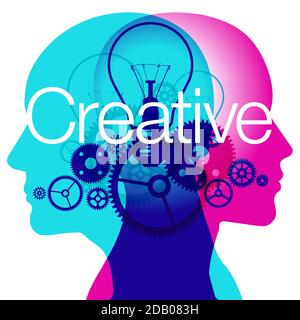 2-person side silhouette overlaid with various sized translucent light bulbs and gears shapes. The word "ideas" is placed across the centre. Stock Vector