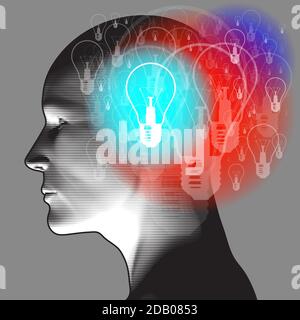 An adult side profile overlaid with various blending semi-transparent light bulbs. Stock Vector