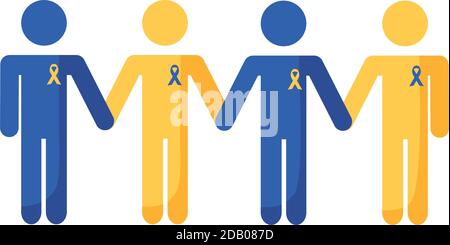 people figures with down syndrome campaign ribbons flat style icon vector illustration design Stock Vector