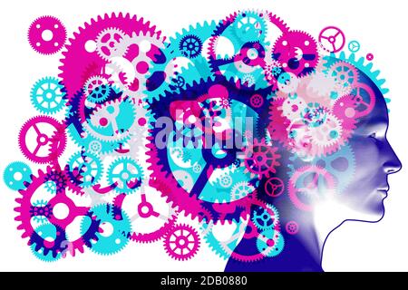 A figure head side profile overlaid with various sized semi-transparent overlapping machine cogs and gears representing hard work and processes. Stock Vector