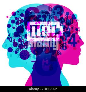 2 figure back-to-back side silhouette overlaid with blending semi-transparent numbers and connected shapes. Centred is a charged battery icon. Stock Vector