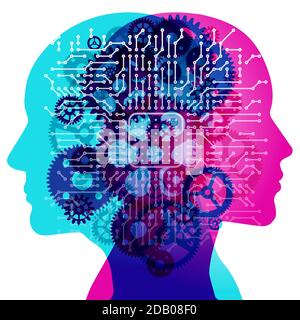 2-person back-to-back silhouette overlaid with semi-transparent Machine Gears shapes. A CPU and electronic circuit board is centrally positioned. Stock Vector