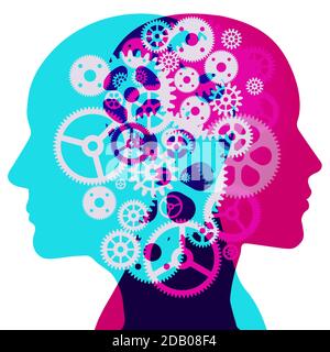A male and female side silhouette positioned back to back, overlaid with various gears shapes.