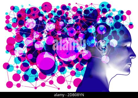 A head side profile overlaid with a various sized semi-transparent overlapping network “node and connected lines” details. Stock Vector
