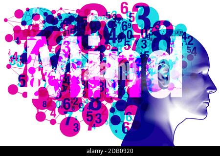 A figure side silhouette overlaid with various sized semi-transparent overlapping coloured numbers, shapes and the word “Mind”. Stock Vector