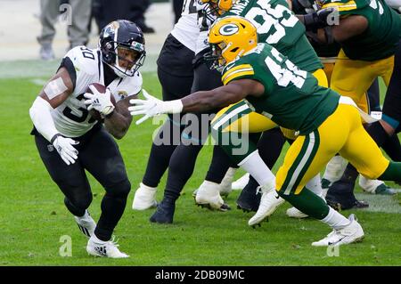 Green Bay, WI, USA. 10th Nov, 2019. Green Bay Packers wide receiver Allen  Lazard #13 celebrates with Green Bay Packers inside linebacker Oren Burks  #42 during the NFL Football game between the