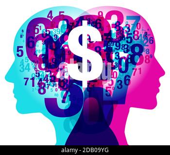 A male and female side silhouette positioned back to back, overlaid with various sized semi-transparent numbers. Overlaid is a white “Dollar” symbol.