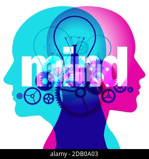 A female & male side profile overlaid with semi-transparent light bulbs & gears shapes. The translucent white word 'mind' is centrally positioned.