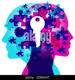 A Female & Male side silhouette overlaid with various blending semi-transparent jigsaw shapes. A solid white key resents the answer to life. Stock Vector