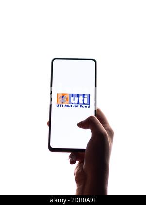 Assam, india - November 15, 2020 : UTI logo on phone screen stock image. Stock Photo