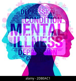 A female & male side profile back to back overlaid with semi-transparent jigsaw pieces & words all themed on the topic of “Mental health and Illness. Stock Vector