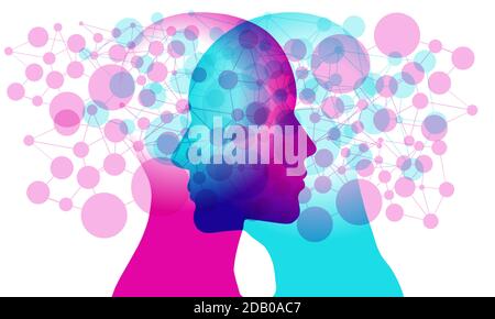 2 face-to-face side figure silhouettes overlaid with various semi-transparent line connected circular network node representing details. Stock Vector