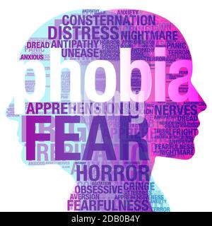 A male and female side silhouette profile overlaid with various semi-transparent words based on the topic / Subject “Phobia”. Stock Vector