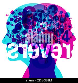 A 2-person side silhouette overlaid with various sized transparent light bulbs and gears shapes. The word "reverse" is overlaid reversed centrally. Stock Vector