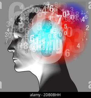 A left side profile of an adult, with an overlaying pattern of semi-transparent "numerals (0 to 9)". Stock Vector