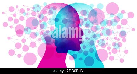 2 face-to-face side figure silhouettes overlaid with various semi-transparent line connected circular network node representing details. Stock Vector