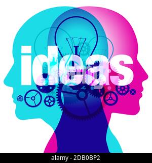 2 figure back-to-back side silhouette overlaid with semi-transparent light bulbs and gear shapes. The word "ideas" is centrally overlaid. Stock Vector
