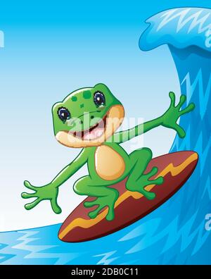 Vector illustration of Smiling frog cartoon surfing on big sea waves Stock Vector